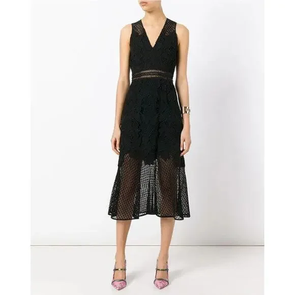 Jonathan Simkhai Black Lace & Crochet Corded Fluted Midi Dress, Sz 0 NWT - Picture 1 of 9